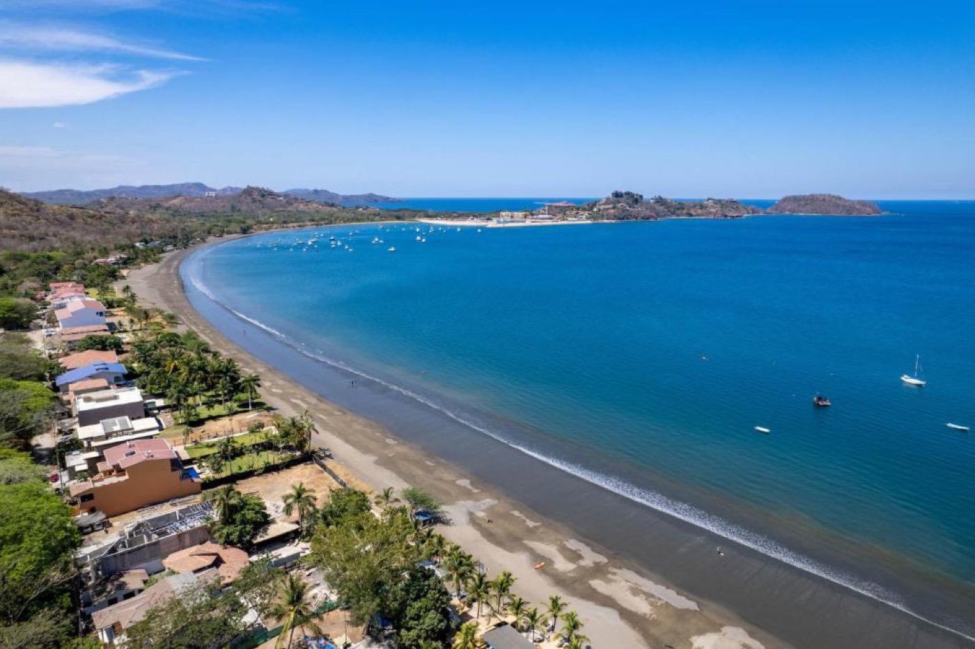 An aerial view of the calm bay at Playa Potrero, Guanacaste, Costa Rica